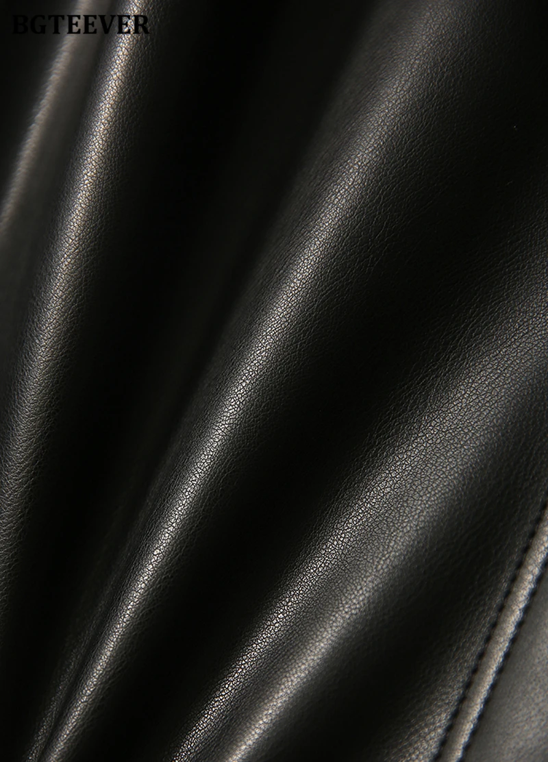 BGTEEVER Stylish Elastic Waist Women PU Leather Skirts Spring Autumn Loose Pockets Faux Leather A-line Skirts Female