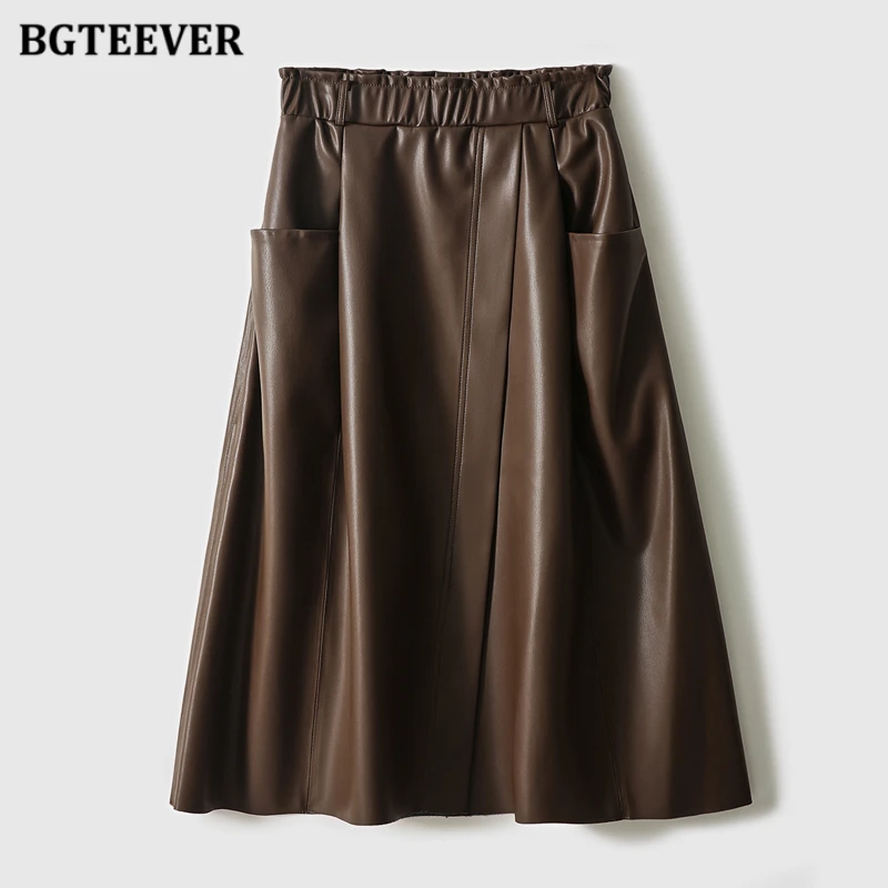 BGTEEVER Stylish Elastic Waist Women PU Leather Skirts Spring Autumn Loose Pockets Faux Leather A-line Skirts Female