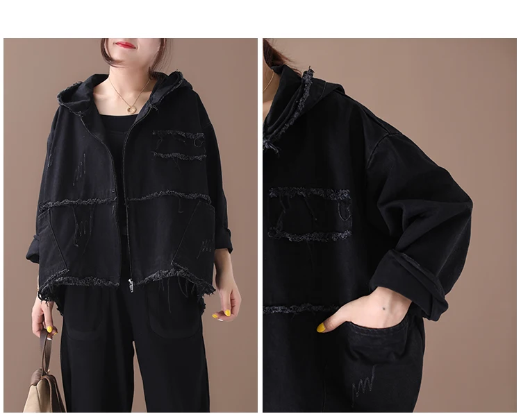 Masss Wasss 2025 Designer Spring Female Black Denim Jackets Womens Casual Hooded Coats Ripped Female Punk Streetwear Big Size