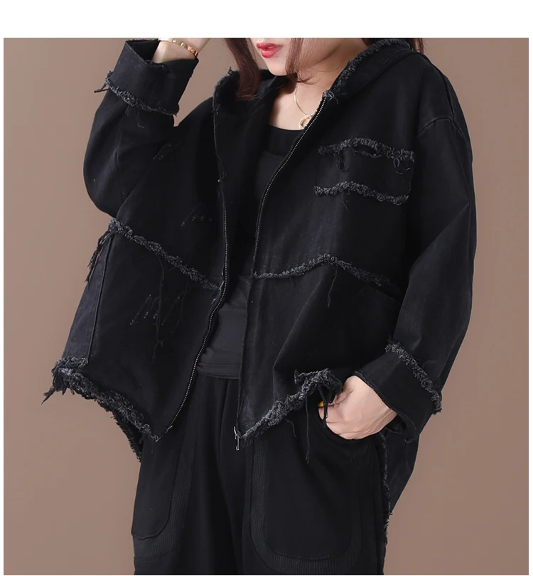 Masss Wasss 2025 Designer Spring Female Black Denim Jackets Womens Casual Hooded Coats Ripped Female Punk Streetwear Big Size