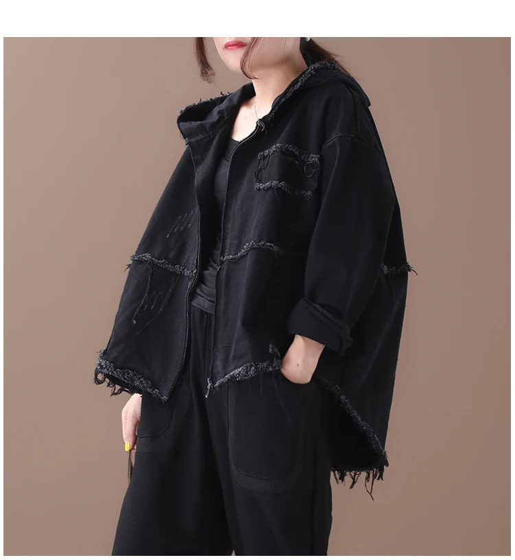 Masss Wasss 2025 Designer Spring Female Black Denim Jackets Womens Casual Hooded Coats Ripped Female Punk Streetwear Big Size