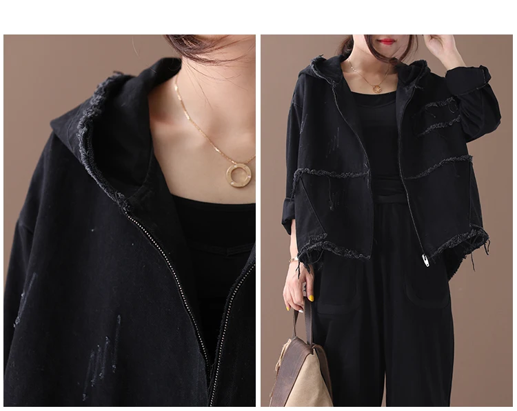 Masss Wasss 2025 Designer Spring Female Black Denim Jackets Womens Casual Hooded Coats Ripped Female Punk Streetwear Big Size