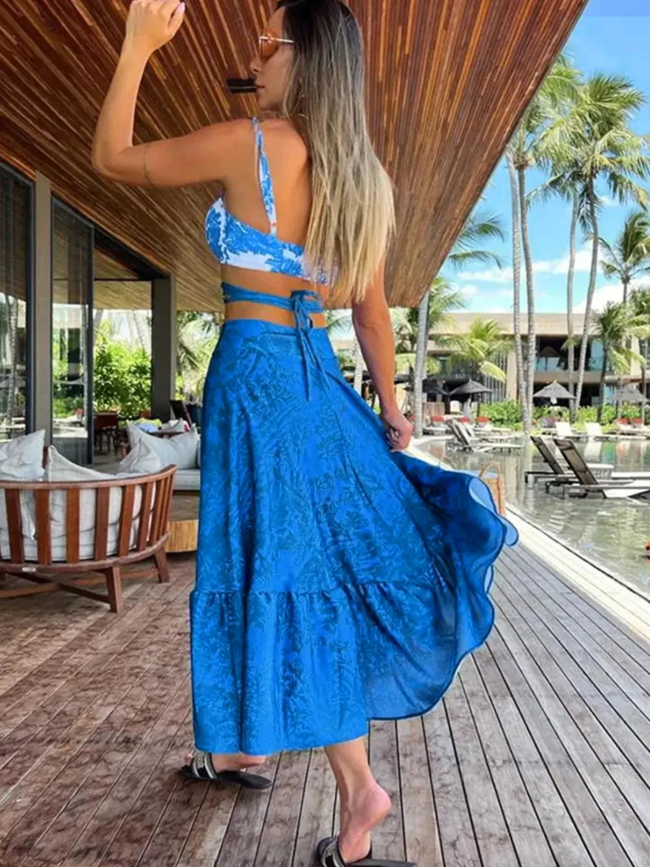 2026 Summer New 2/3 Pieces Skirt Sets Long Skirt With Top V-neck Women's Dress High Waist Split Dresses Beach Outing Sundress