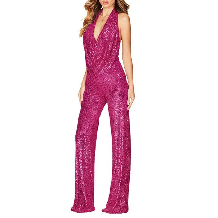 Elegant Halter Sleeveless Straight Playsuits Women Sexy Glitter Sequin Club Party Jumpsuits Summer Women Fashion Backless Romper