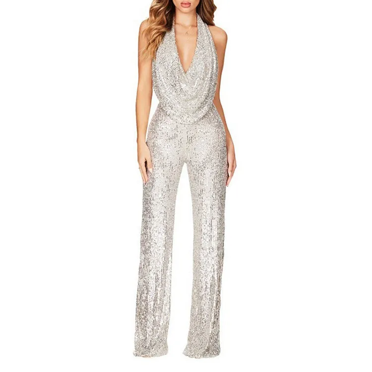 Elegant Halter Sleeveless Straight Playsuits Women Sexy Glitter Sequin Club Party Jumpsuits Summer Women Fashion Backless Romper