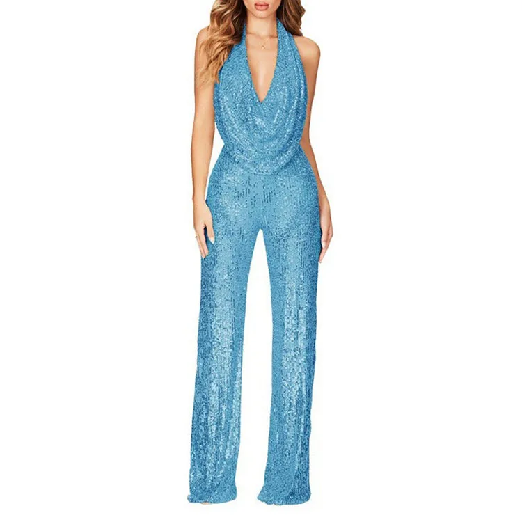 Elegant Halter Sleeveless Straight Playsuits Women Sexy Glitter Sequin Club Party Jumpsuits Summer Women Fashion Backless Romper