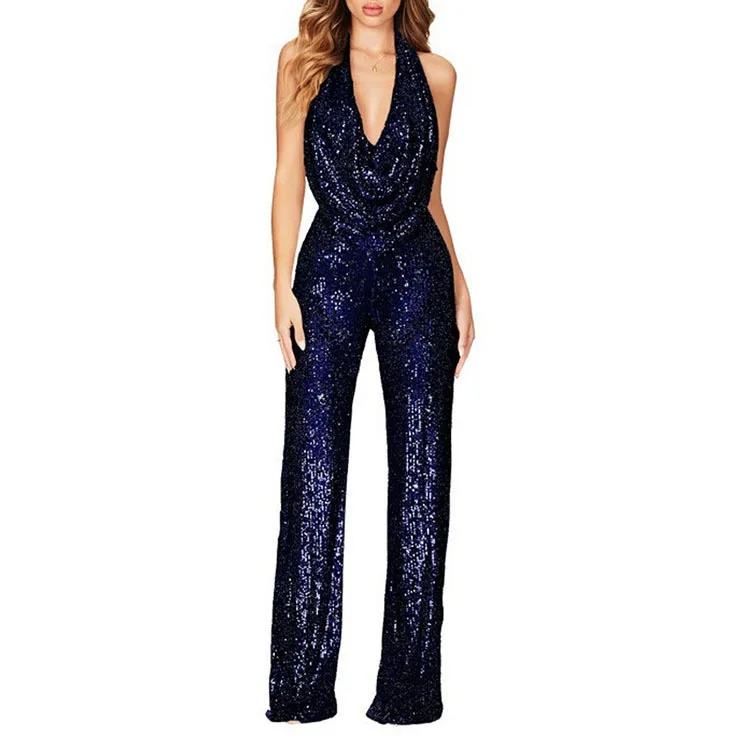 Elegant Halter Sleeveless Straight Playsuits Women Sexy Glitter Sequin Club Party Jumpsuits Summer Women Fashion Backless Romper