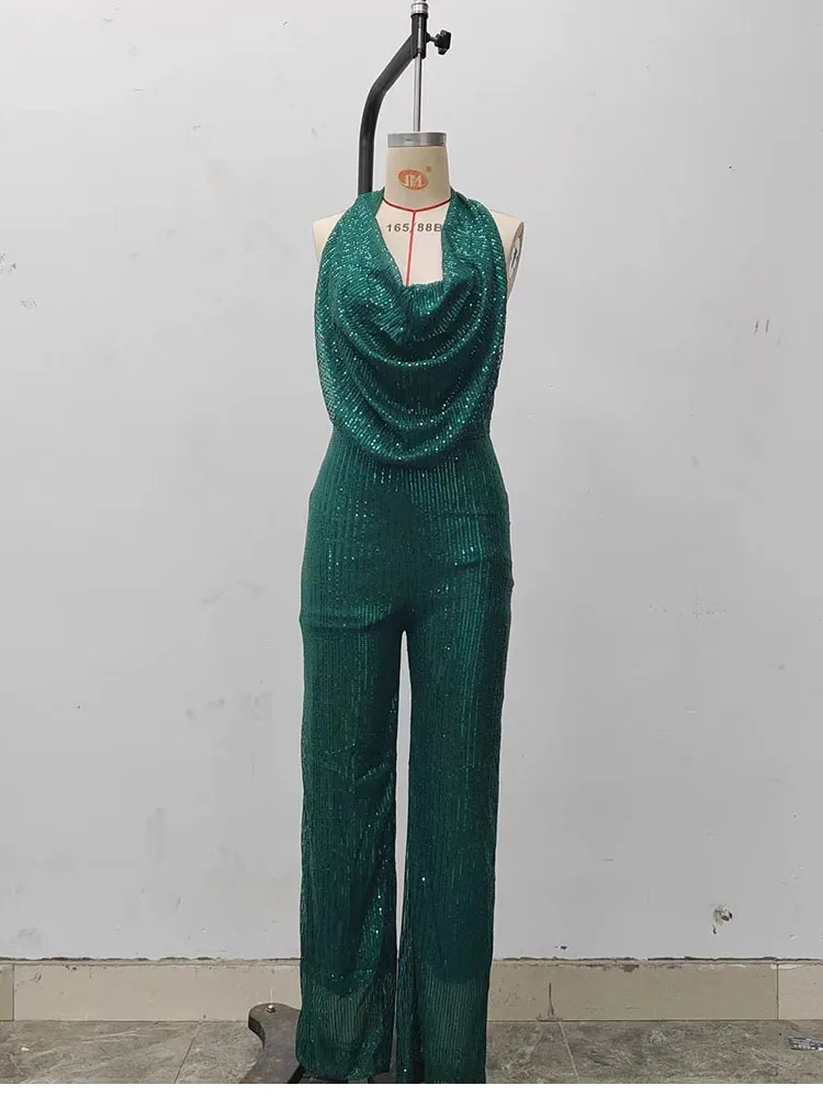 Elegant Halter Sleeveless Straight Playsuits Women Sexy Glitter Sequin Club Party Jumpsuits Summer Women Fashion Backless Romper