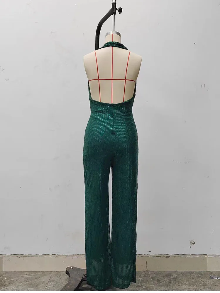 Elegant Halter Sleeveless Straight Playsuits Women Sexy Glitter Sequin Club Party Jumpsuits Summer Women Fashion Backless Romper