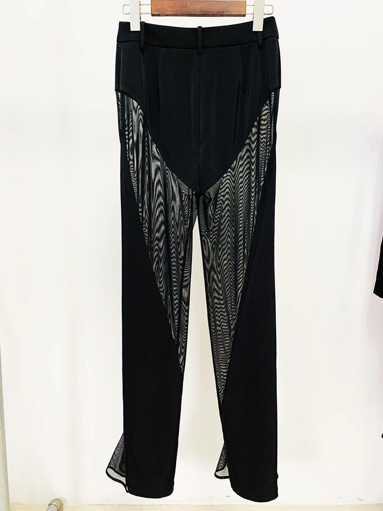 HIGH STREET Newest 2026 Designer Blazer Suit Women's Perspective Gauze Patchwork Blazer Pencil Pants