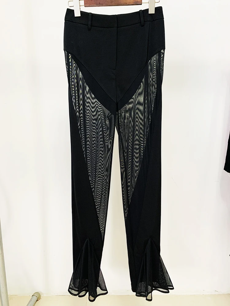 HIGH STREET Newest 2026 Designer Blazer Suit Women's Perspective Gauze Patchwork Blazer Pencil Pants