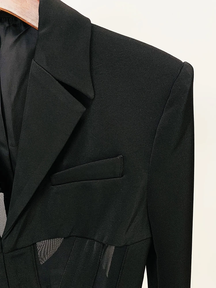 HIGH STREET Newest 2026 Designer Blazer Suit Women's Perspective Gauze Patchwork Blazer Pencil Pants