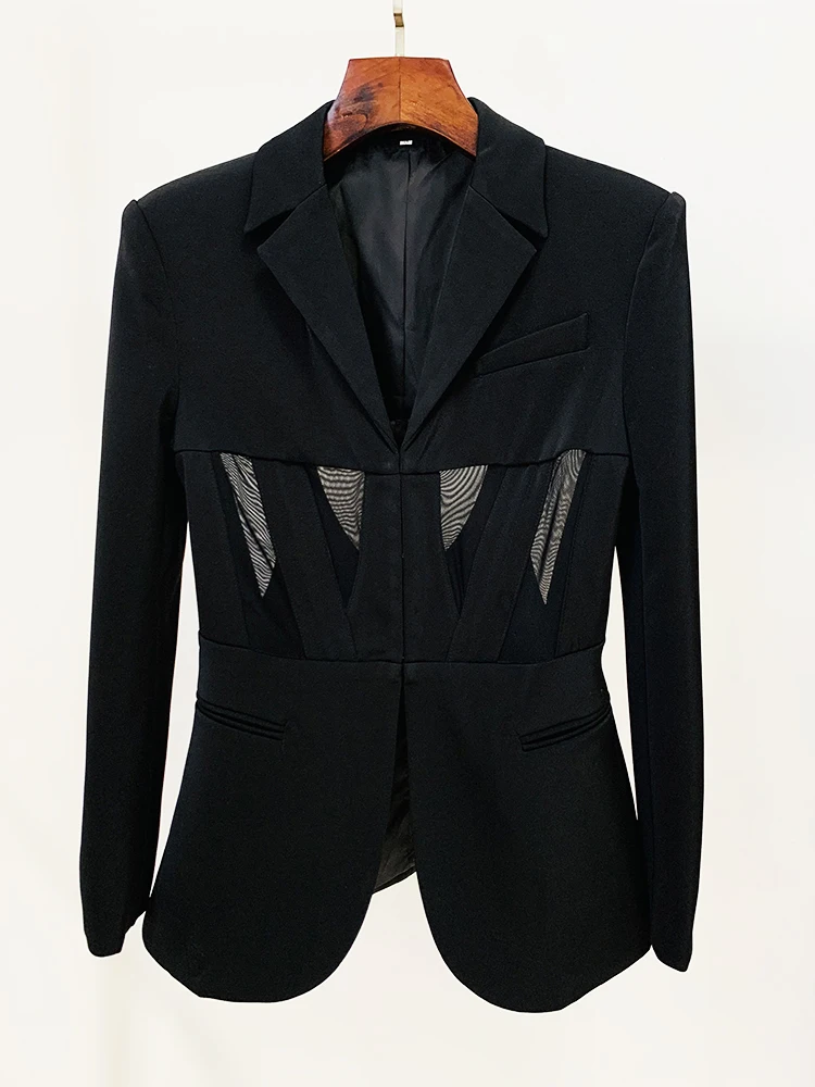 HIGH STREET Newest 2026 Designer Blazer Suit Women's Perspective Gauze Patchwork Blazer Pencil Pants