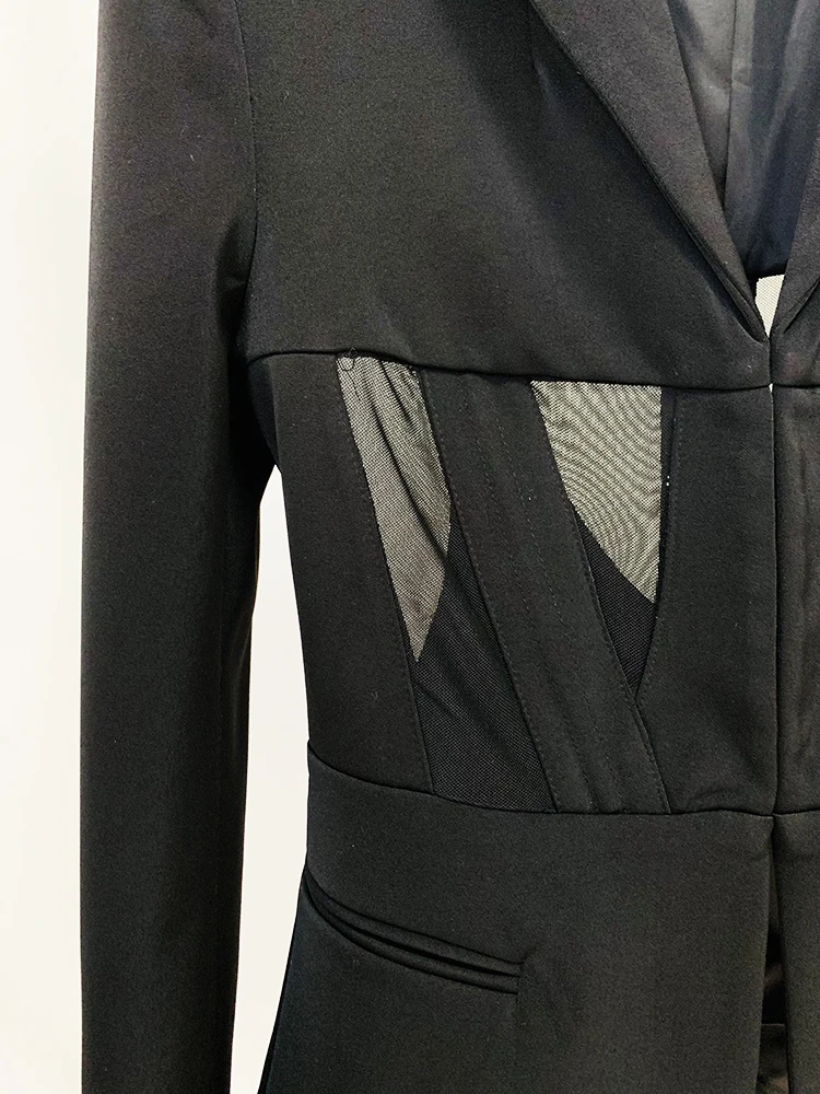 HIGH STREET Newest 2026 Designer Blazer Suit Women's Perspective Gauze Patchwork Blazer Pencil Pants