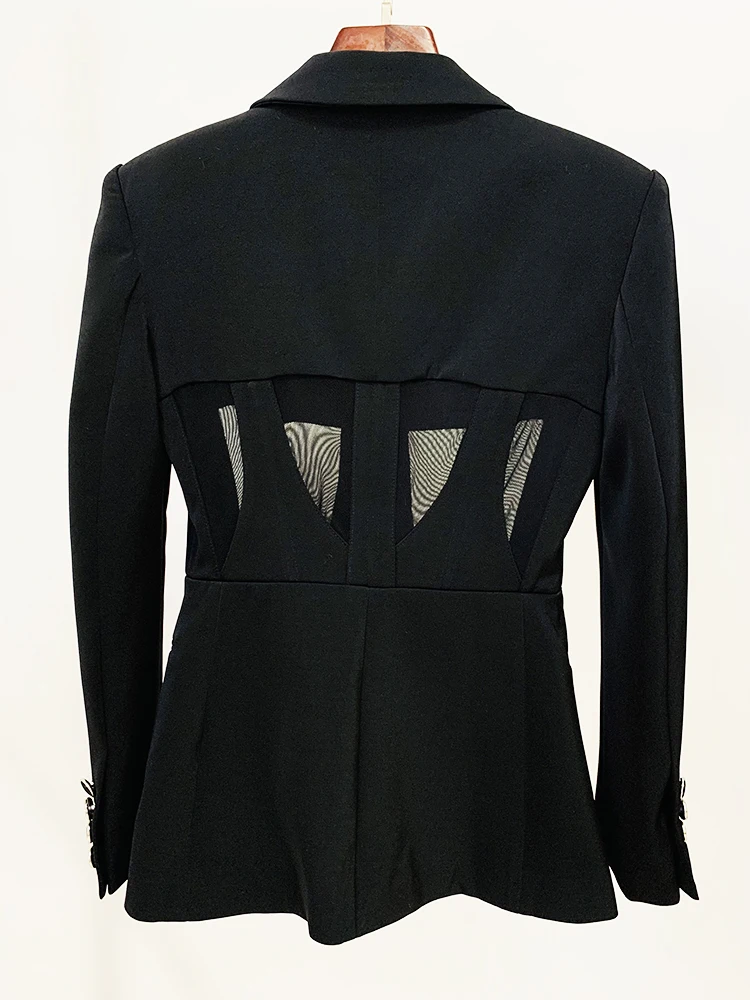 HIGH STREET Newest 2026 Designer Blazer Suit Women's Perspective Gauze Patchwork Blazer Pencil Pants