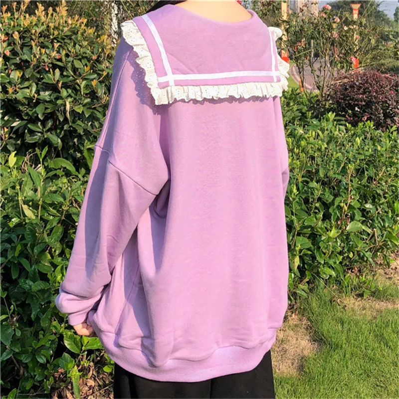 Autumn Sweet Women Hoodies Loose Hooded Sailor Collar Cute Lace Patchwork Female Zip Up Hoodies 2025 NEW