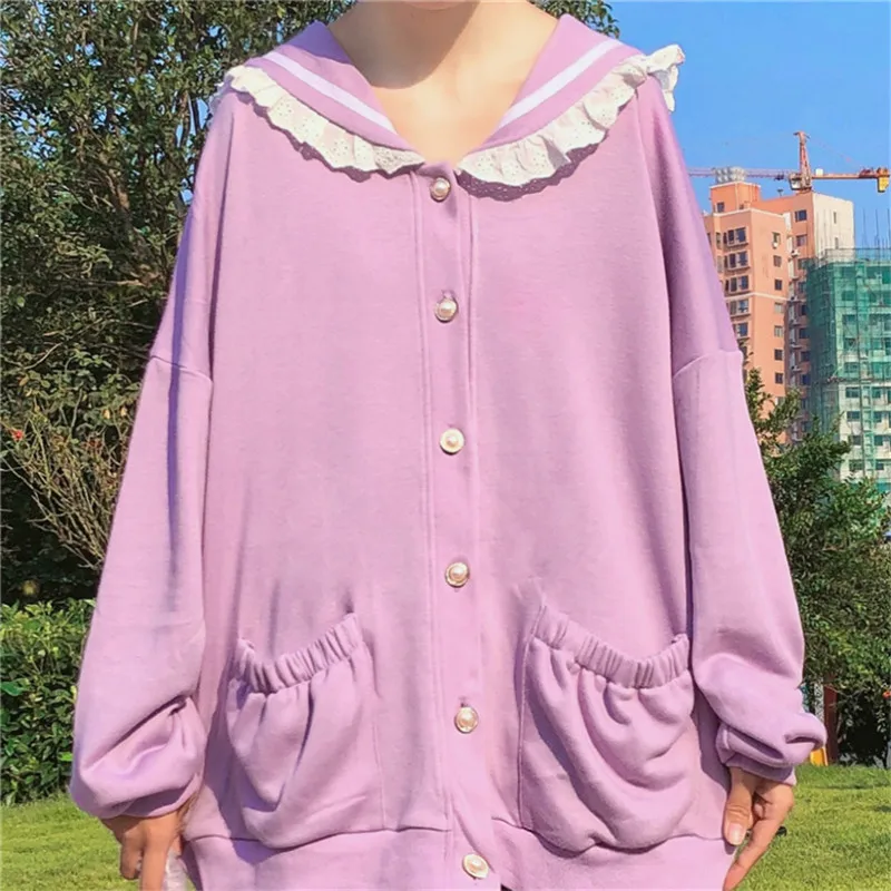 Autumn Sweet Women Hoodies Loose Hooded Sailor Collar Cute Lace Patchwork Female Zip Up Hoodies 2025 NEW