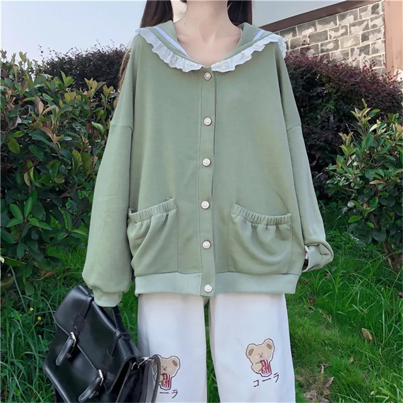 Autumn Sweet Women Hoodies Loose Hooded Sailor Collar Cute Lace Patchwork Female Zip Up Hoodies 2025 NEW