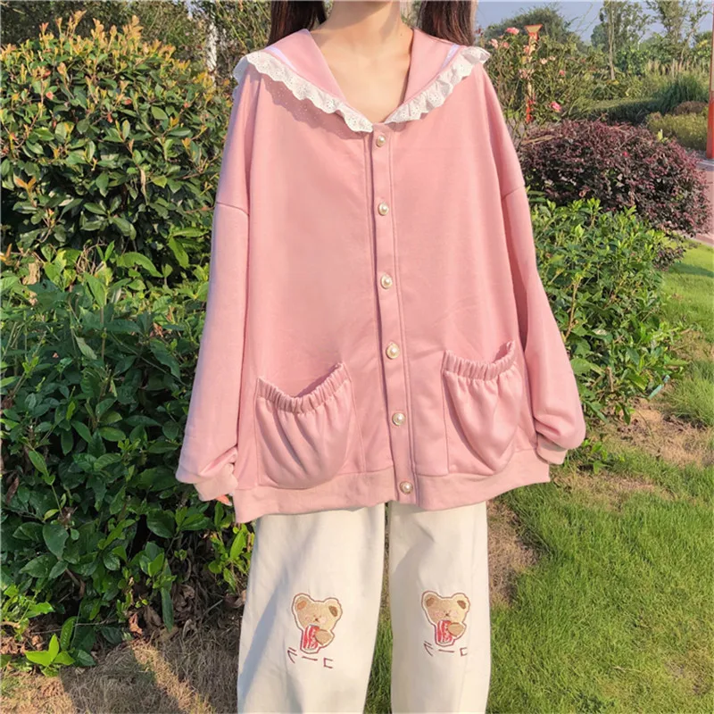 Autumn Sweet Women Hoodies Loose Hooded Sailor Collar Cute Lace Patchwork Female Zip Up Hoodies 2025 NEW