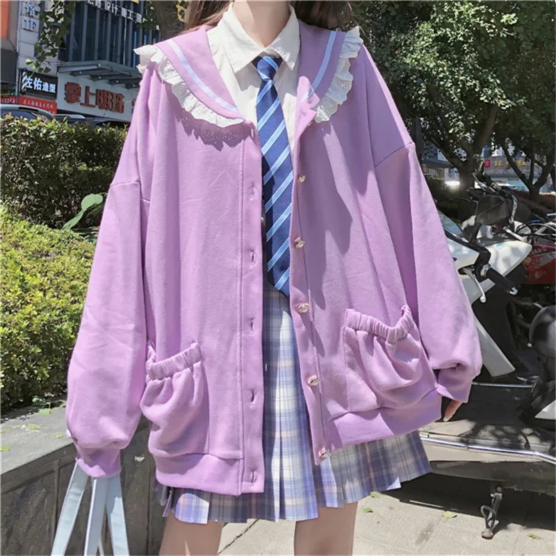 Autumn Sweet Women Hoodies Loose Hooded Sailor Collar Cute Lace Patchwork Female Zip Up Hoodies 2025 NEW