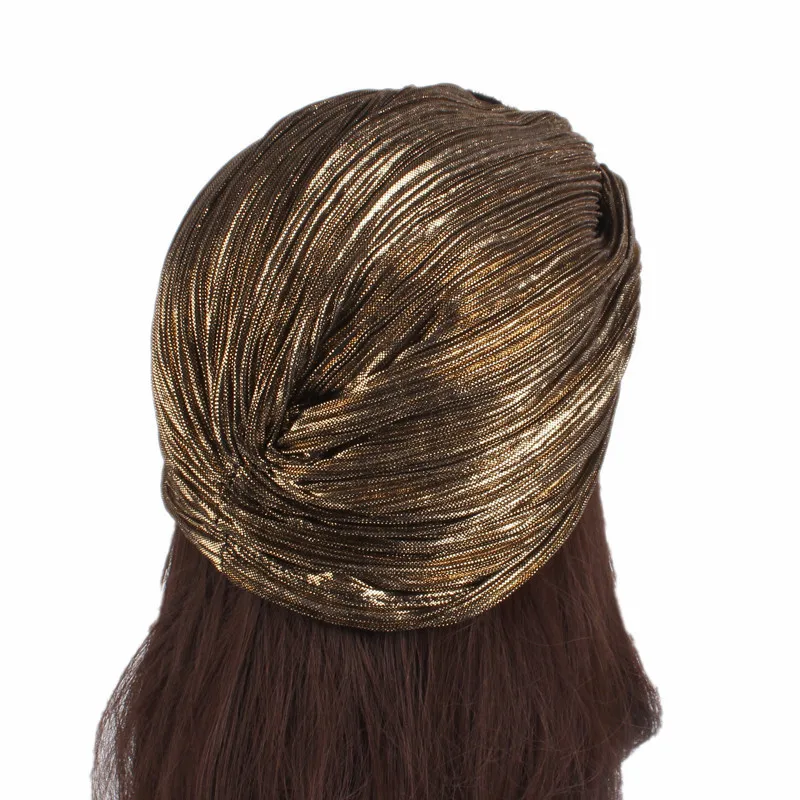 Fashion Women Gold Silver Diamond Jewelry Turban Cap Muslim Glitter Hijab Bonnet Pleated India Caps Ladies Hair Accessories Hat
