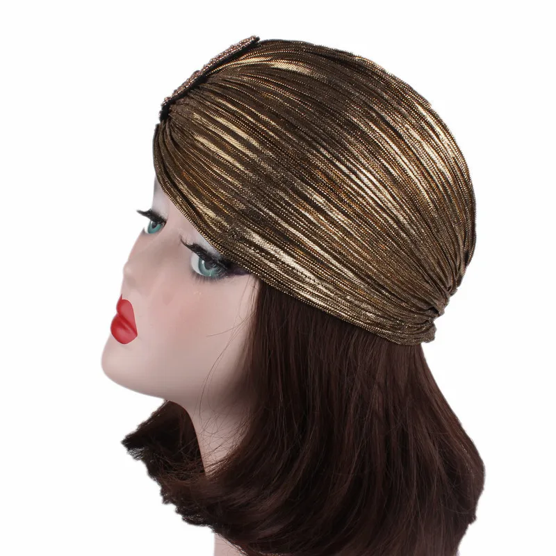 Fashion Women Gold Silver Diamond Jewelry Turban Cap Muslim Glitter Hijab Bonnet Pleated India Caps Ladies Hair Accessories Hat