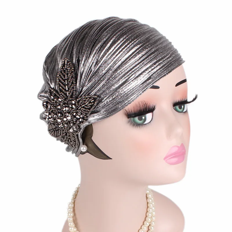 Fashion Women Gold Silver Diamond Jewelry Turban Cap Muslim Glitter Hijab Bonnet Pleated India Caps Ladies Hair Accessories Hat