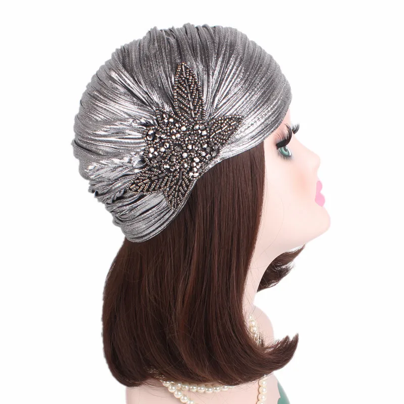 Fashion Women Gold Silver Diamond Jewelry Turban Cap Muslim Glitter Hijab Bonnet Pleated India Caps Ladies Hair Accessories Hat