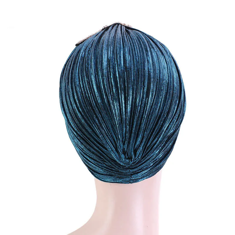 Fashion Women Gold Silver Diamond Jewelry Turban Cap Muslim Glitter Hijab Bonnet Pleated India Caps Ladies Hair Accessories Hat