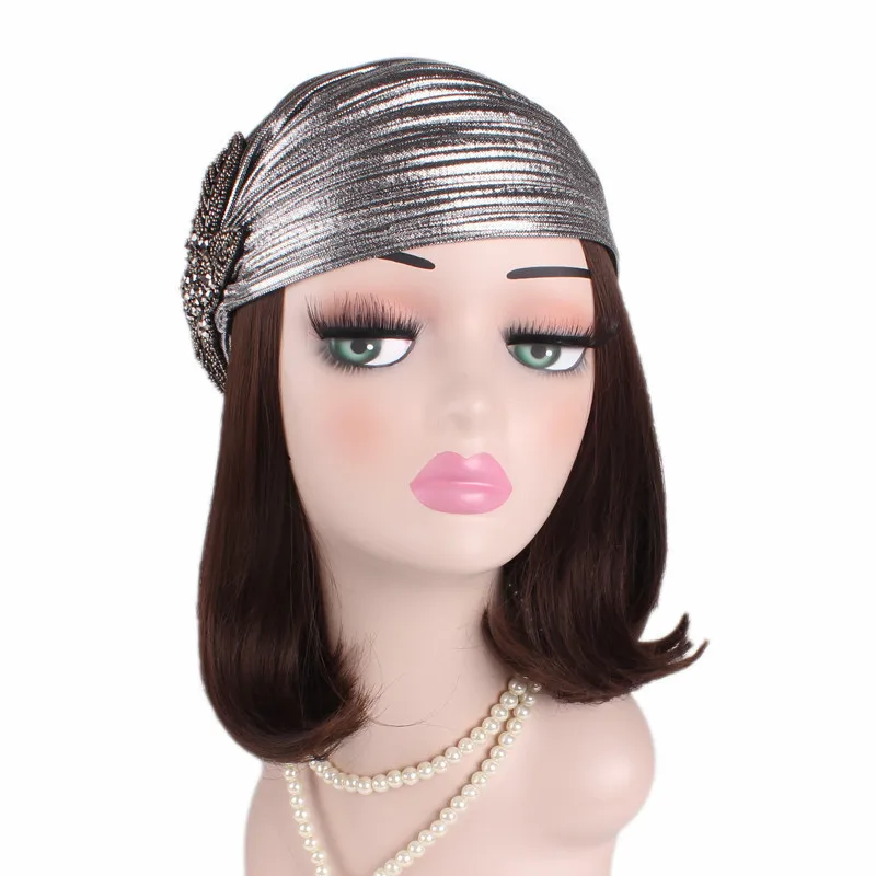 Fashion Women Gold Silver Diamond Jewelry Turban Cap Muslim Glitter Hijab Bonnet Pleated India Caps Ladies Hair Accessories Hat