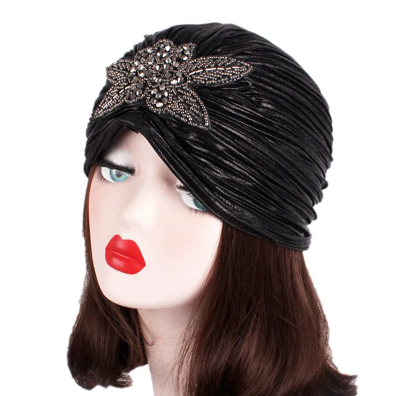 Fashion Women Gold Silver Diamond Jewelry Turban Cap Muslim Glitter Hijab Bonnet Pleated India Caps Ladies Hair Accessories Hat