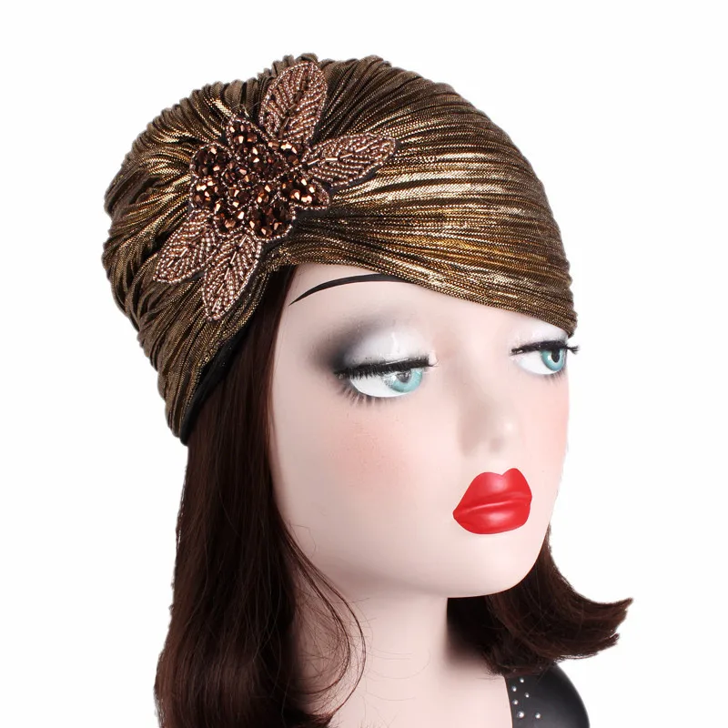 Fashion Women Gold Silver Diamond Jewelry Turban Cap Muslim Glitter Hijab Bonnet Pleated India Caps Ladies Hair Accessories Hat