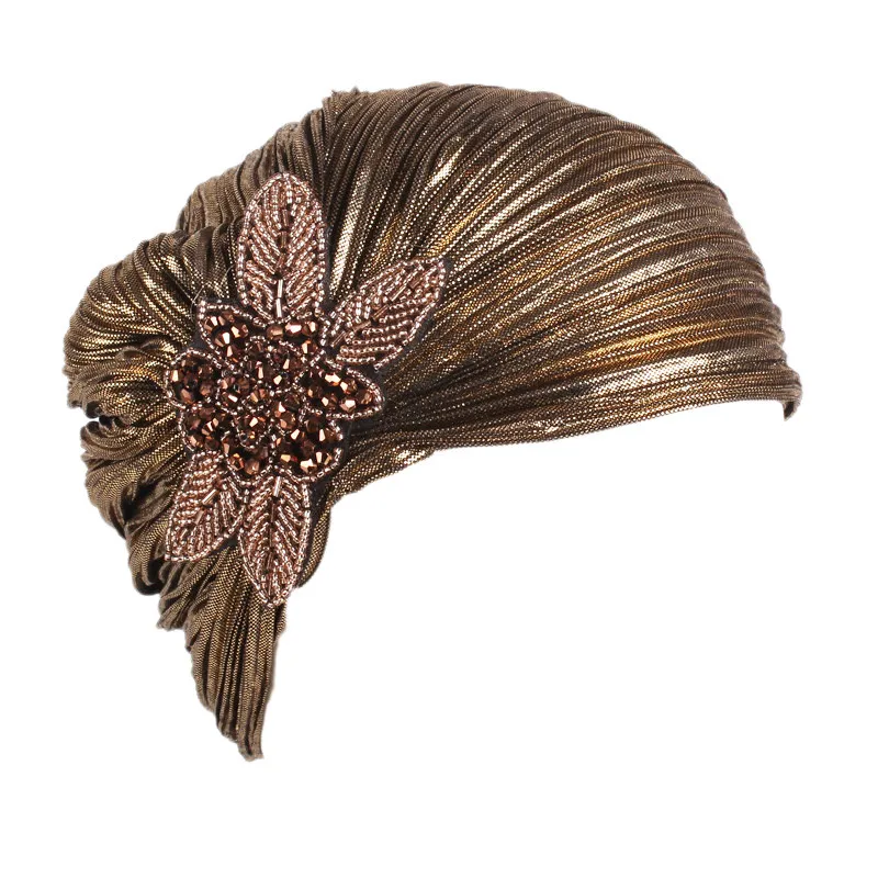 Fashion Women Gold Silver Diamond Jewelry Turban Cap Muslim Glitter Hijab Bonnet Pleated India Caps Ladies Hair Accessories Hat