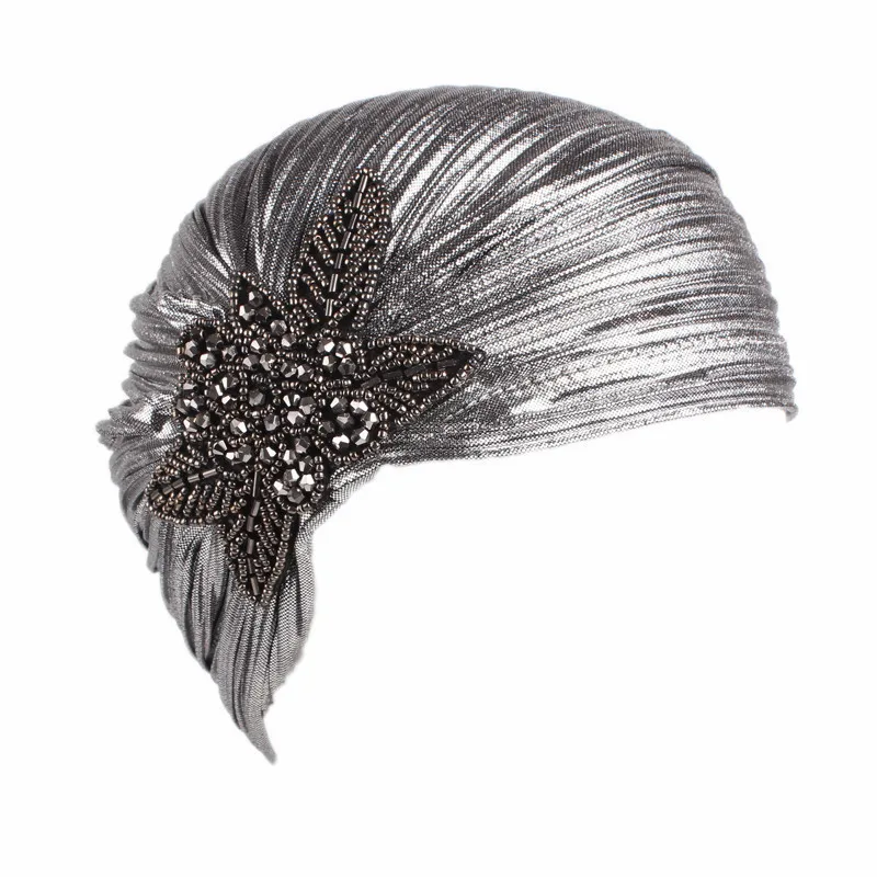 Fashion Women Gold Silver Diamond Jewelry Turban Cap Muslim Glitter Hijab Bonnet Pleated India Caps Ladies Hair Accessories Hat