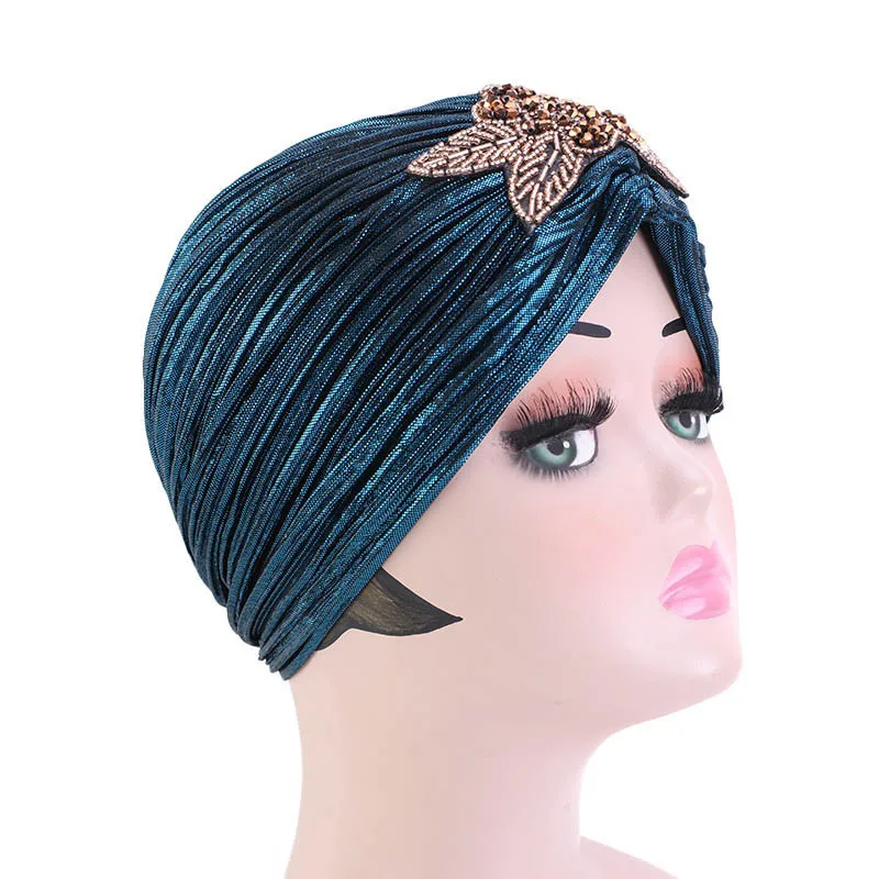 Fashion Women Gold Silver Diamond Jewelry Turban Cap Muslim Glitter Hijab Bonnet Pleated India Caps Ladies Hair Accessories Hat