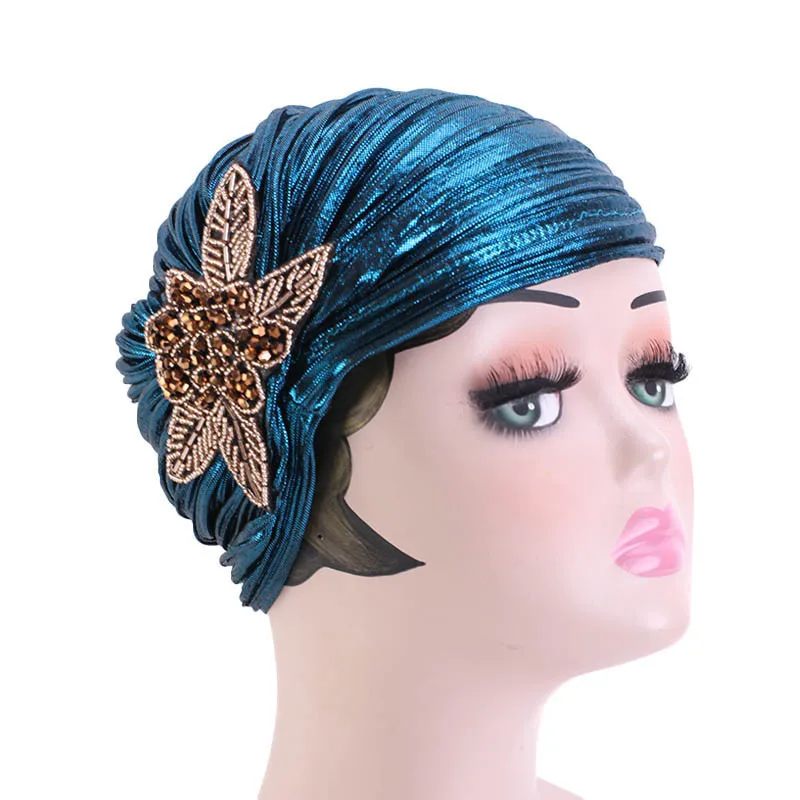 Fashion Women Gold Silver Diamond Jewelry Turban Cap Muslim Glitter Hijab Bonnet Pleated India Caps Ladies Hair Accessories Hat