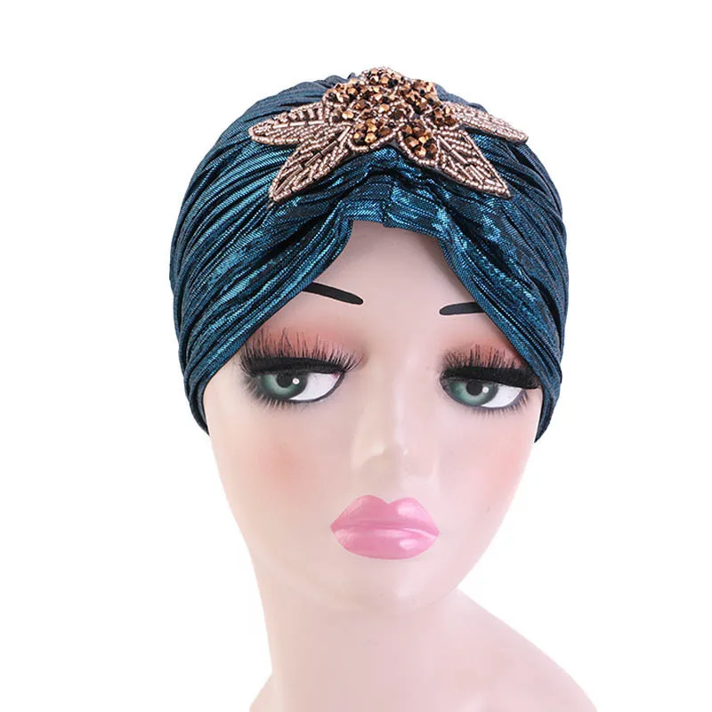 Fashion Women Gold Silver Diamond Jewelry Turban Cap Muslim Glitter Hijab Bonnet Pleated India Caps Ladies Hair Accessories Hat