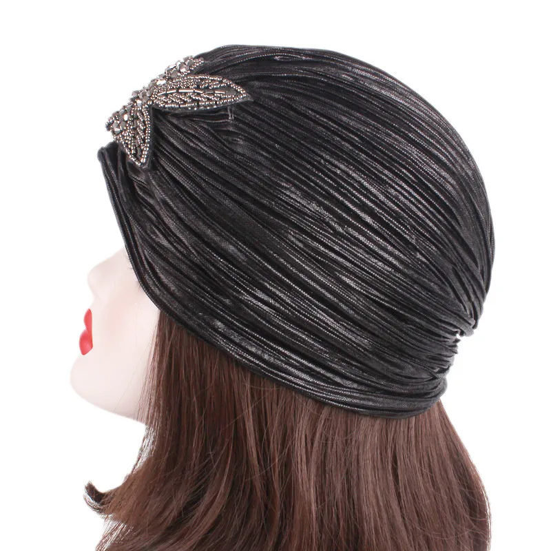 Fashion Women Gold Silver Diamond Jewelry Turban Cap Muslim Glitter Hijab Bonnet Pleated India Caps Ladies Hair Accessories Hat