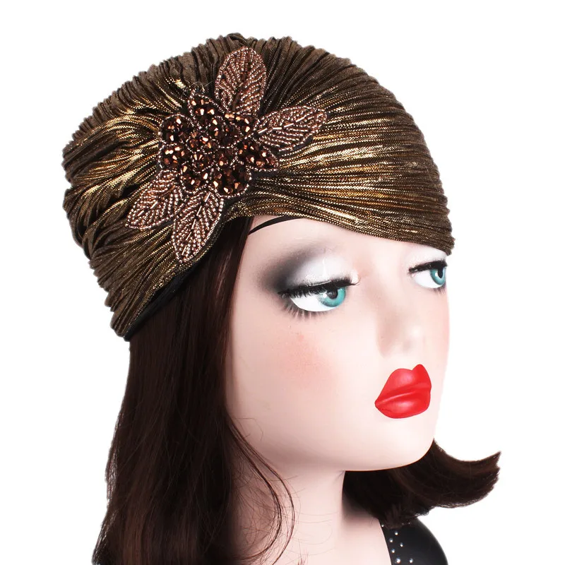 Fashion Women Gold Silver Diamond Jewelry Turban Cap Muslim Glitter Hijab Bonnet Pleated India Caps Ladies Hair Accessories Hat