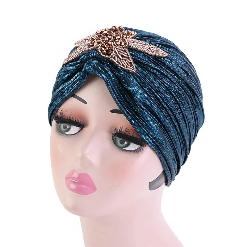 Fashion Women Gold Silver Diamond Jewelry Turban Cap Muslim Glitter Hijab Bonnet Pleated India Caps Ladies Hair Accessories Hat