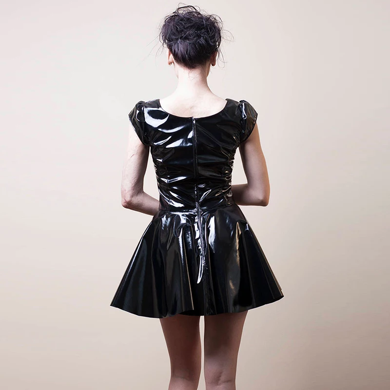 Gothic Faux Latex Mini Dress Women Sexy PVC Pleated A-line Dress Ladies Slim Short Sleeve Low Neck Wet Look Dress Summer Custom