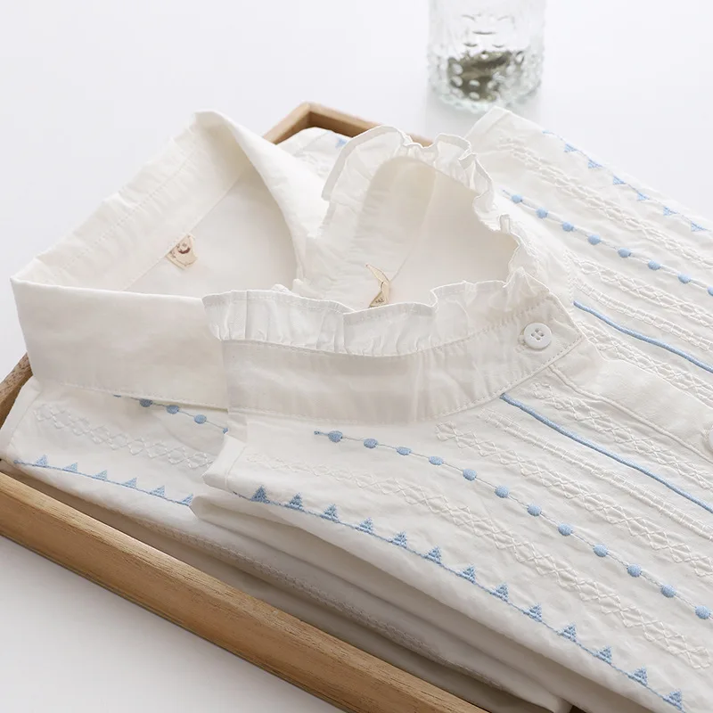 Autumn New Women Embroidery Cotton White Shirt Full Sleeve Turn Down Collar Ruched Casual Blouse Spring Office Lady Work Wear