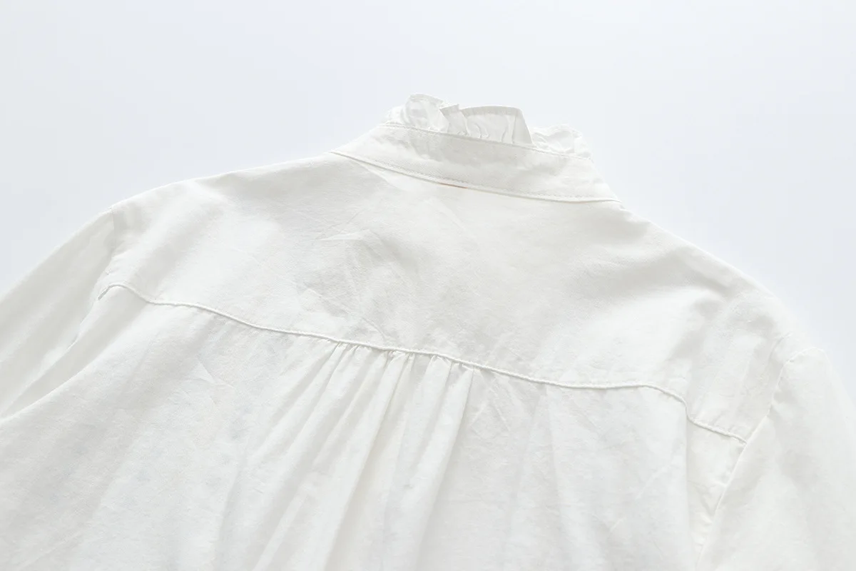 Autumn New Women Embroidery Cotton White Shirt Full Sleeve Turn Down Collar Ruched Casual Blouse Spring Office Lady Work Wear