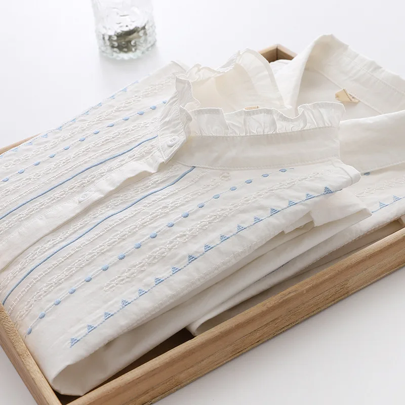 Autumn New Women Embroidery Cotton White Shirt Full Sleeve Turn Down Collar Ruched Casual Blouse Spring Office Lady Work Wear