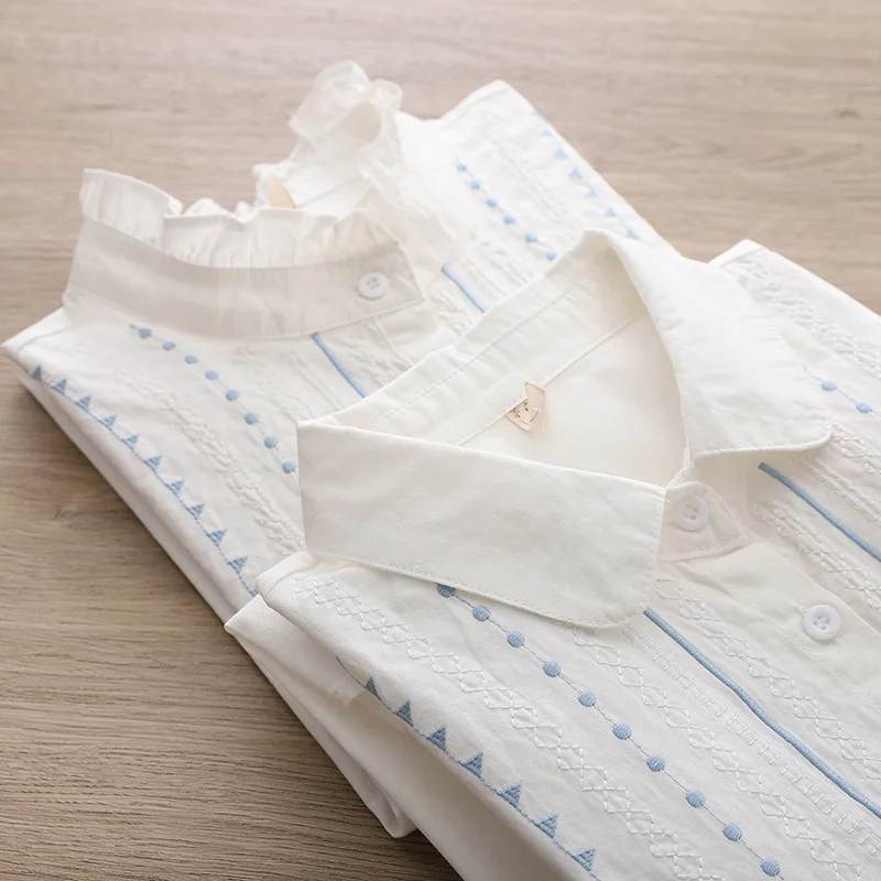Autumn New Women Embroidery Cotton White Shirt Full Sleeve Turn Down Collar Ruched Casual Blouse Spring Office Lady Work Wear