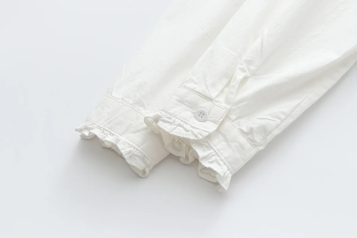 Autumn New Women Embroidery Cotton White Shirt Full Sleeve Turn Down Collar Ruched Casual Blouse Spring Office Lady Work Wear