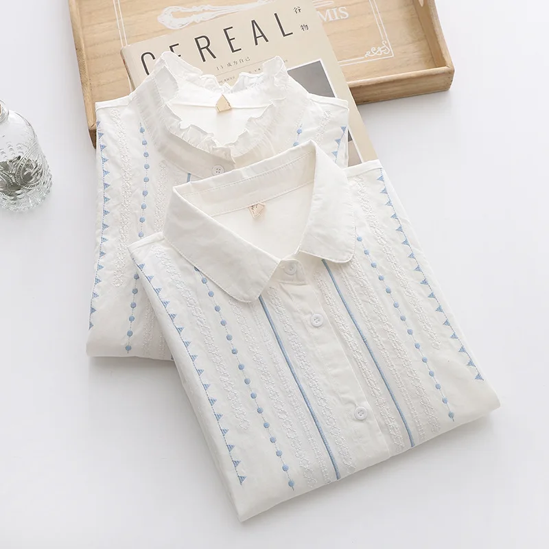 Autumn New Women Embroidery Cotton White Shirt Full Sleeve Turn Down Collar Ruched Casual Blouse Spring Office Lady Work Wear