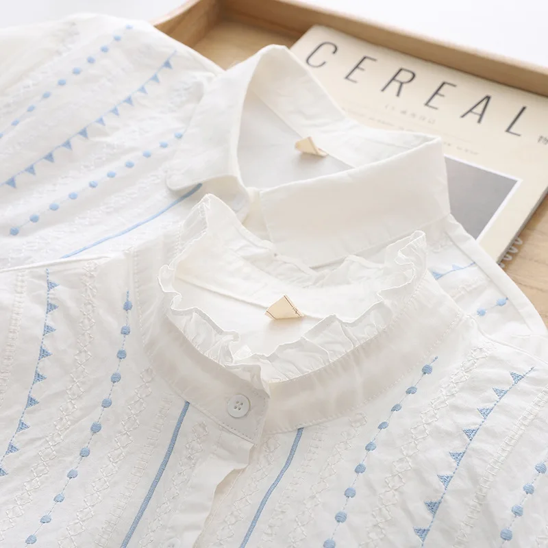 Autumn New Women Embroidery Cotton White Shirt Full Sleeve Turn Down Collar Ruched Casual Blouse Spring Office Lady Work Wear