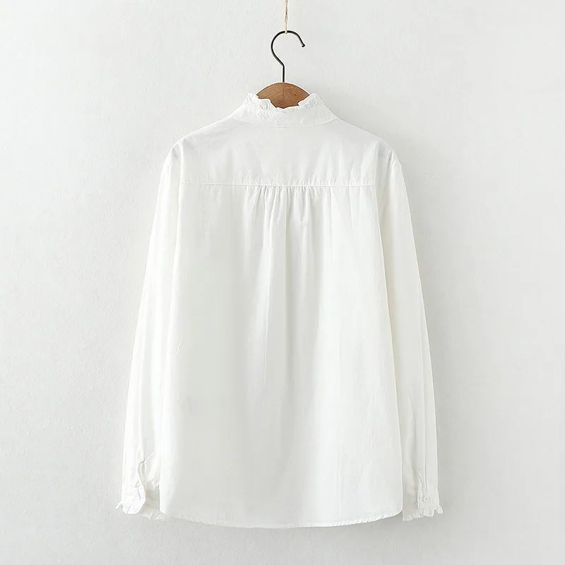 Autumn New Women Embroidery Cotton White Shirt Full Sleeve Turn Down Collar Ruched Casual Blouse Spring Office Lady Work Wear