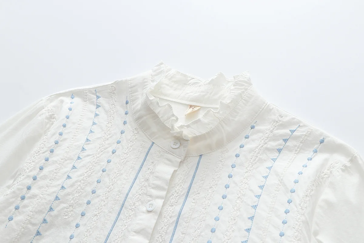 Autumn New Women Embroidery Cotton White Shirt Full Sleeve Turn Down Collar Ruched Casual Blouse Spring Office Lady Work Wear
